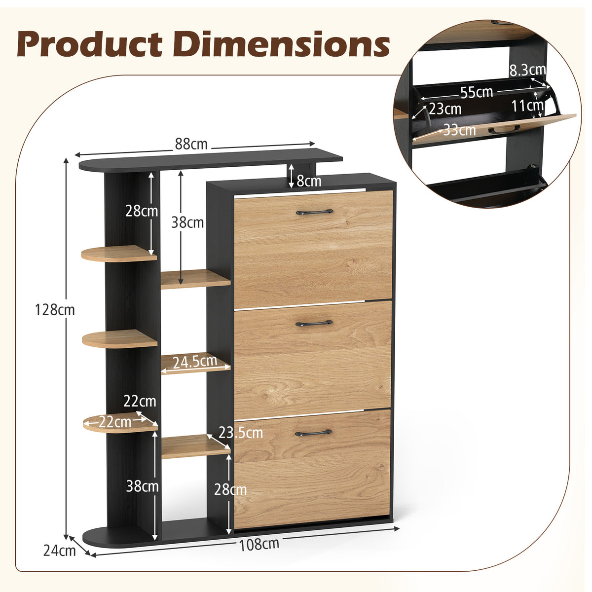 Freestanding Shoe Organizer with 3 Flip Drawers and 8 Adjustable Drawer Shelves-Black
