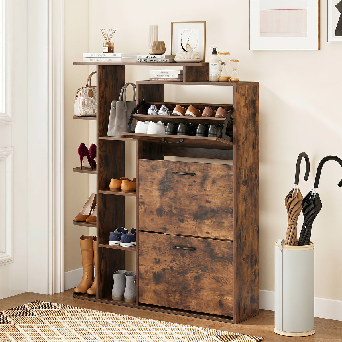 Freestanding Shoe Organizer with 3 Flip Drawers and 8 Adjustable Drawer Shelves-Rustic Brown