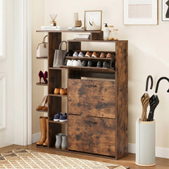 Freestanding Shoe Organizer with 3 Flip Drawers and 8 Adjustable Drawer Shelves-Rustic Brown