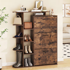 Freestanding Shoe Organizer with 3 Flip Drawers and 8 Adjustable Drawer Shelves-Rustic Brown