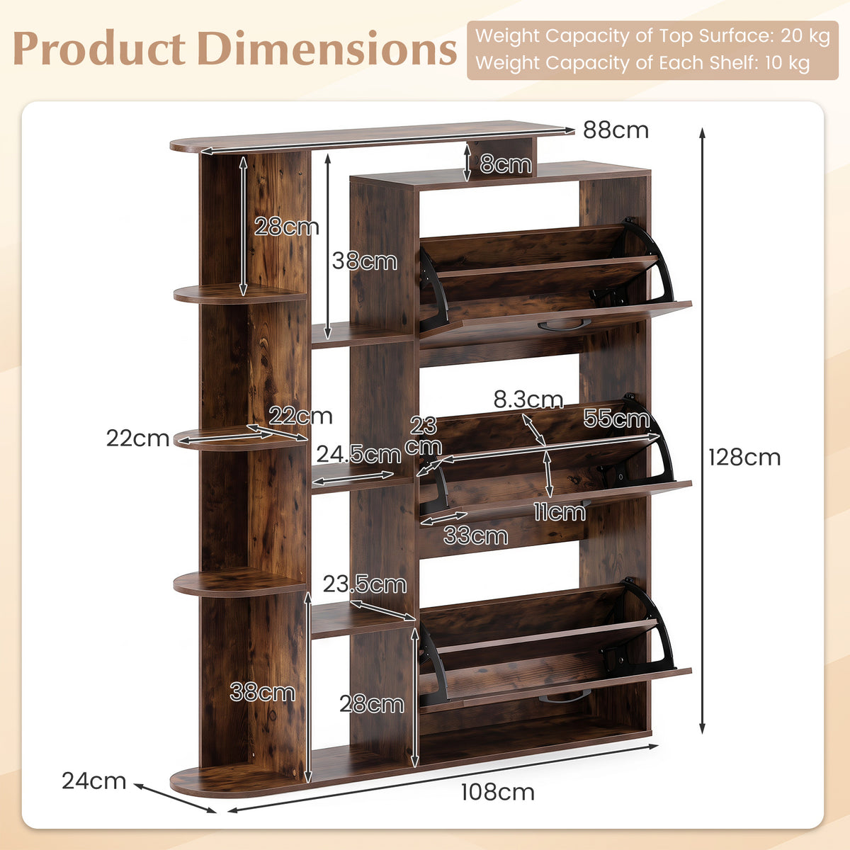 Freestanding Shoe Organizer with 3 Flip Drawers and 8 Adjustable Drawer Shelves-Rustic Brown