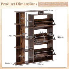 Freestanding Shoe Organizer with 3 Flip Drawers and 8 Adjustable Drawer Shelves-Rustic Brown