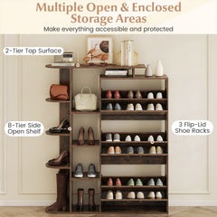 Freestanding Shoe Organizer with 3 Flip Drawers and 8 Adjustable Drawer Shelves-Rustic Brown