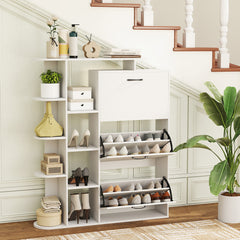 Freestanding Shoe Organizer with 3 Flip Drawers and 8 Adjustable Drawer Shelves-White