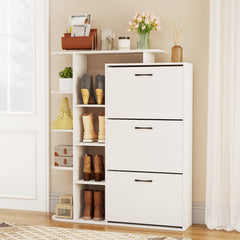 Freestanding Shoe Organizer with 3 Flip Drawers and 8 Adjustable Drawer Shelves-White