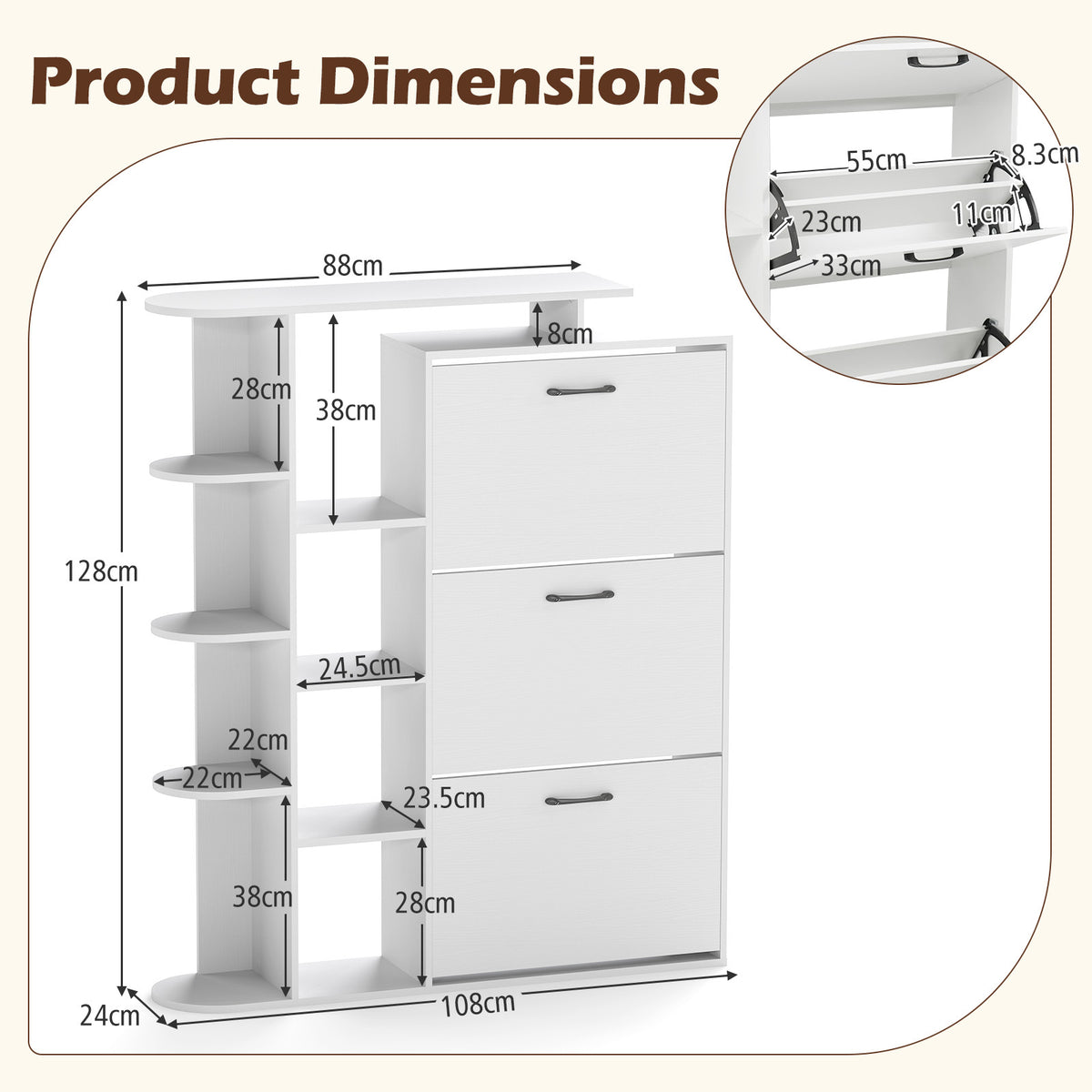Freestanding Shoe Organizer with 3 Flip Drawers and 8 Adjustable Drawer Shelves-White