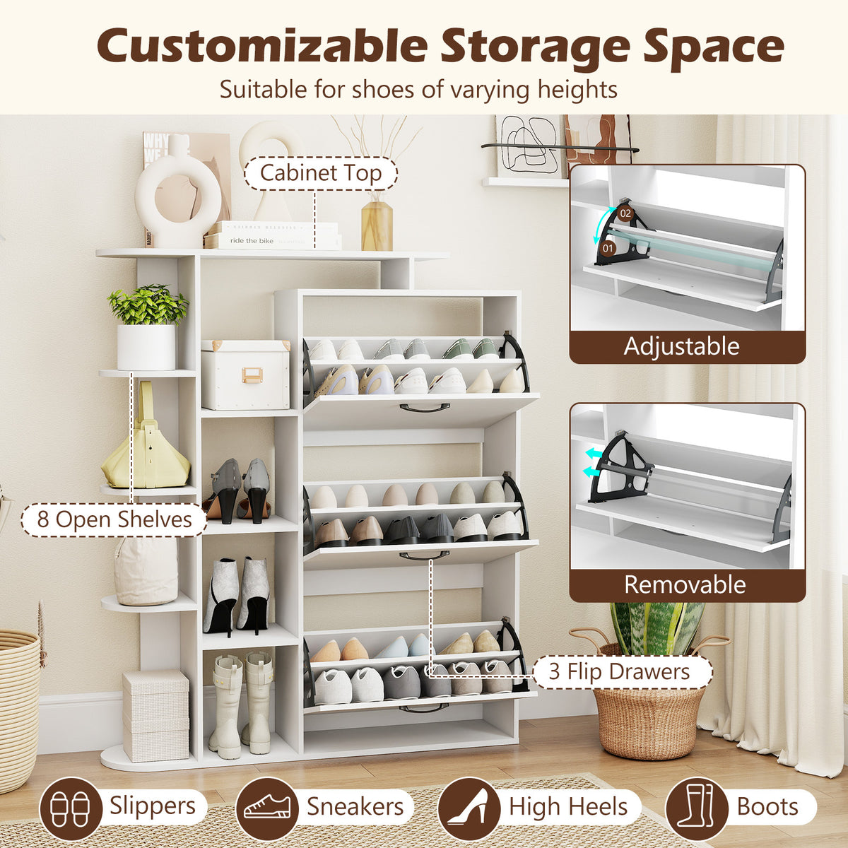 Freestanding Shoe Organizer with 3 Flip Drawers and 8 Adjustable Drawer Shelves-White