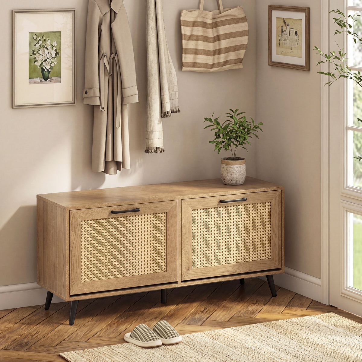 Freestanding Shoe Storage Cabinet with 2 Flip Drawers and Adjustable Shelves-Natural