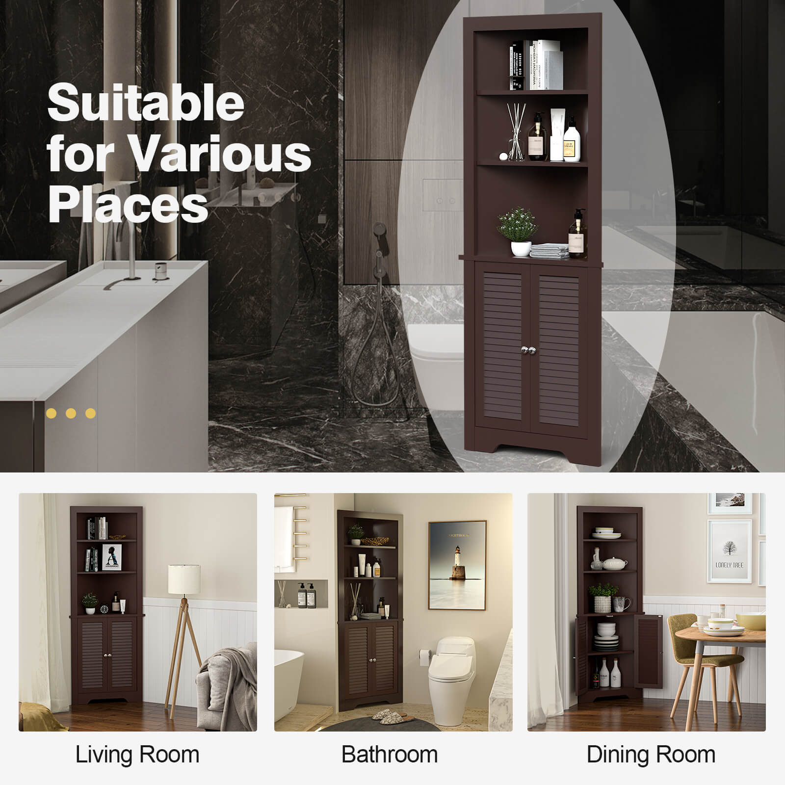 Freestanding Bathroom Corner Cabinet with Shutter Doors-Coffee