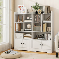 Freestanding Bookcase with 2 Storage Cabinets and 5 Cubbies-White