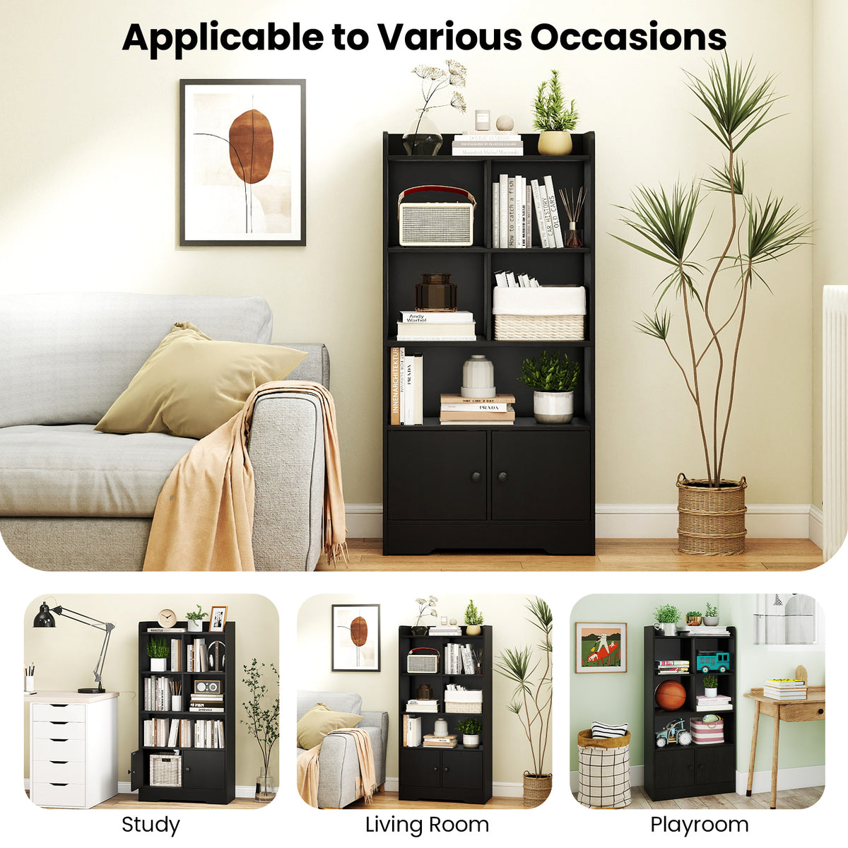 Freestanding Bookcase with 2 Storage Cabinets and 5 Cubbies-Black
