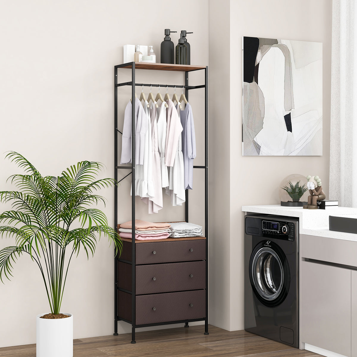 Freestanding Closet Organizer Clothes Rack with Drawers-Rustic Brown