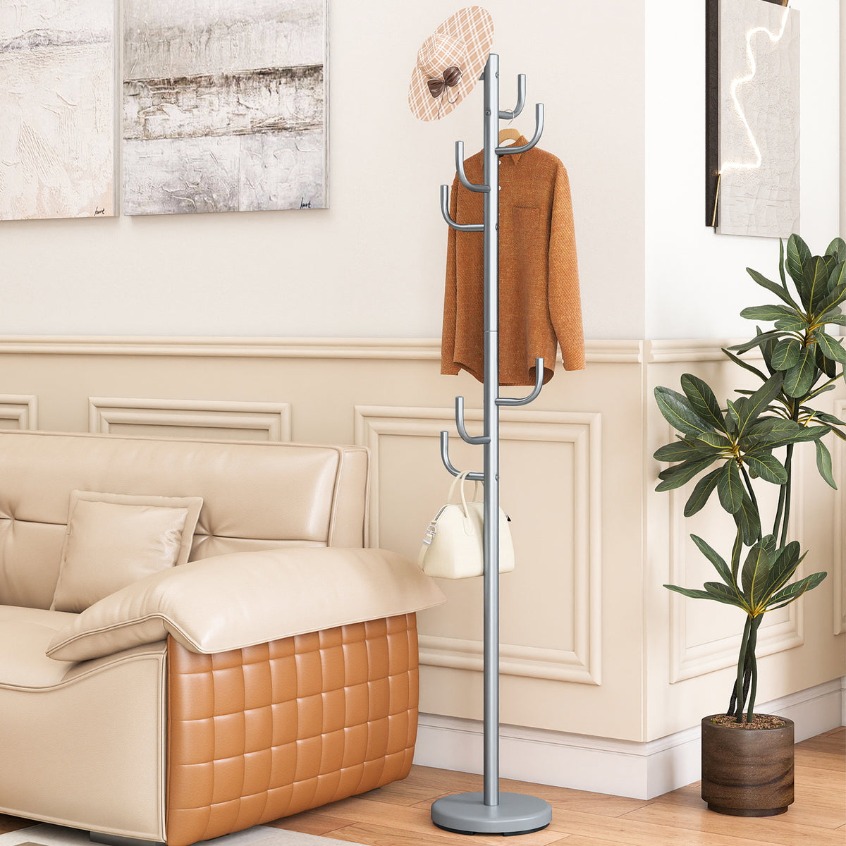 Freestanding Coat Rack with 8 L-Shaped Hooks and 2 Adjustable Heights-Silver