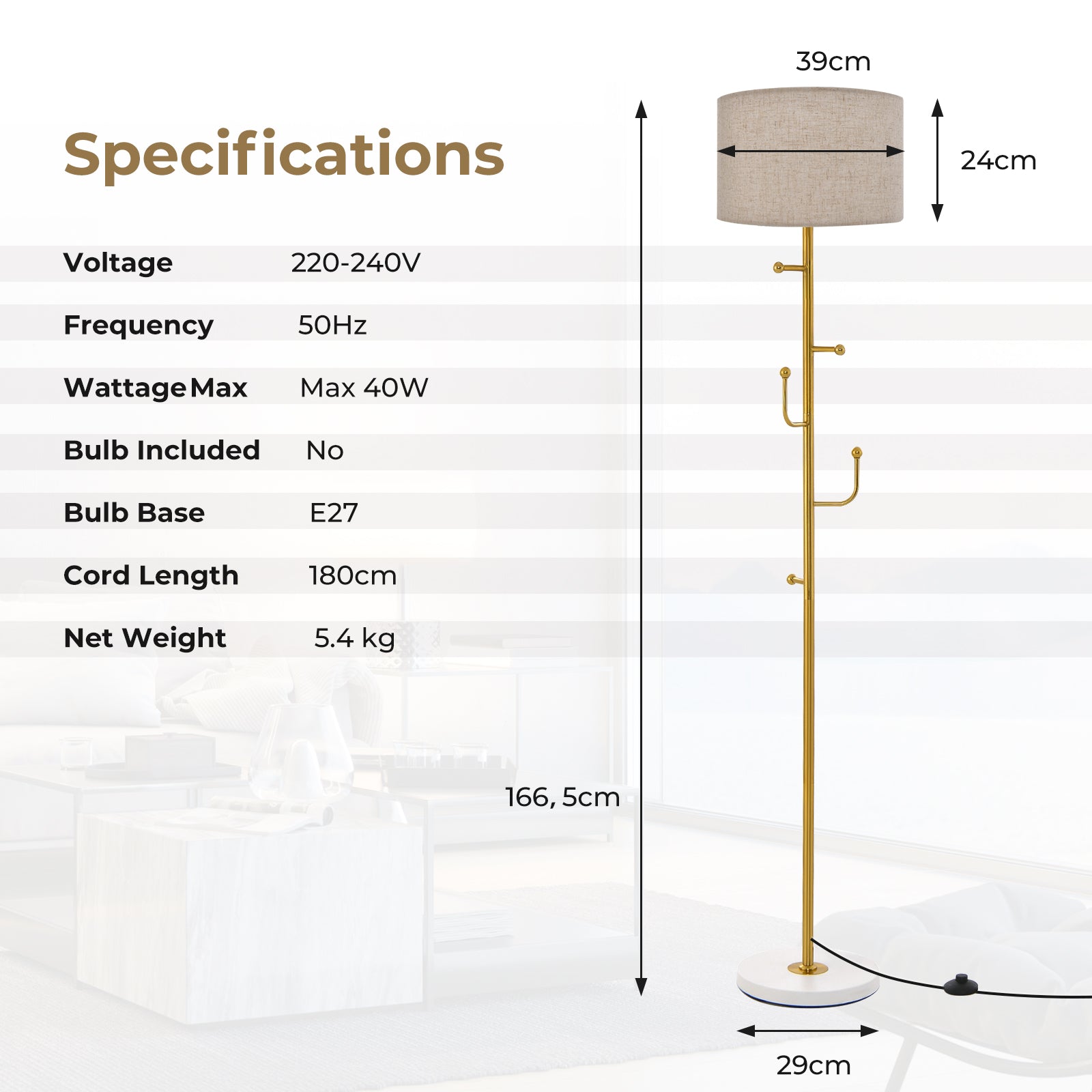 Freestanding Floor Lamp with Coat Rack and Foot Switch