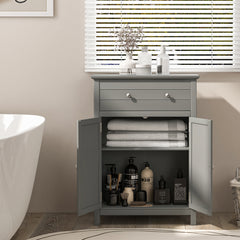 Freestanding Floor Storage Cabinet with Drawer and Adjustable Shelf-Grey