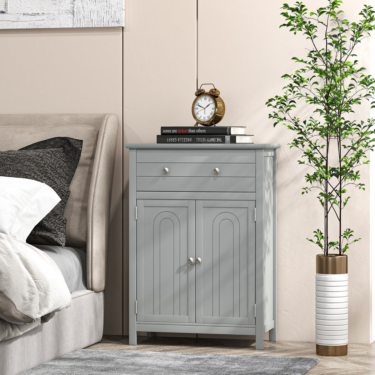 Freestanding Floor Storage Cabinet with Drawer and Adjustable Shelf-Grey