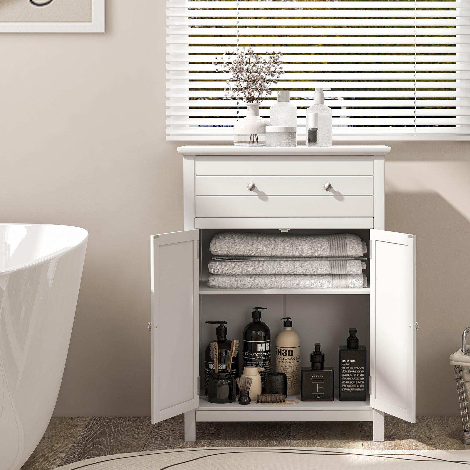 Storage Cabinet with Large Drawer and Adjustable Shelf