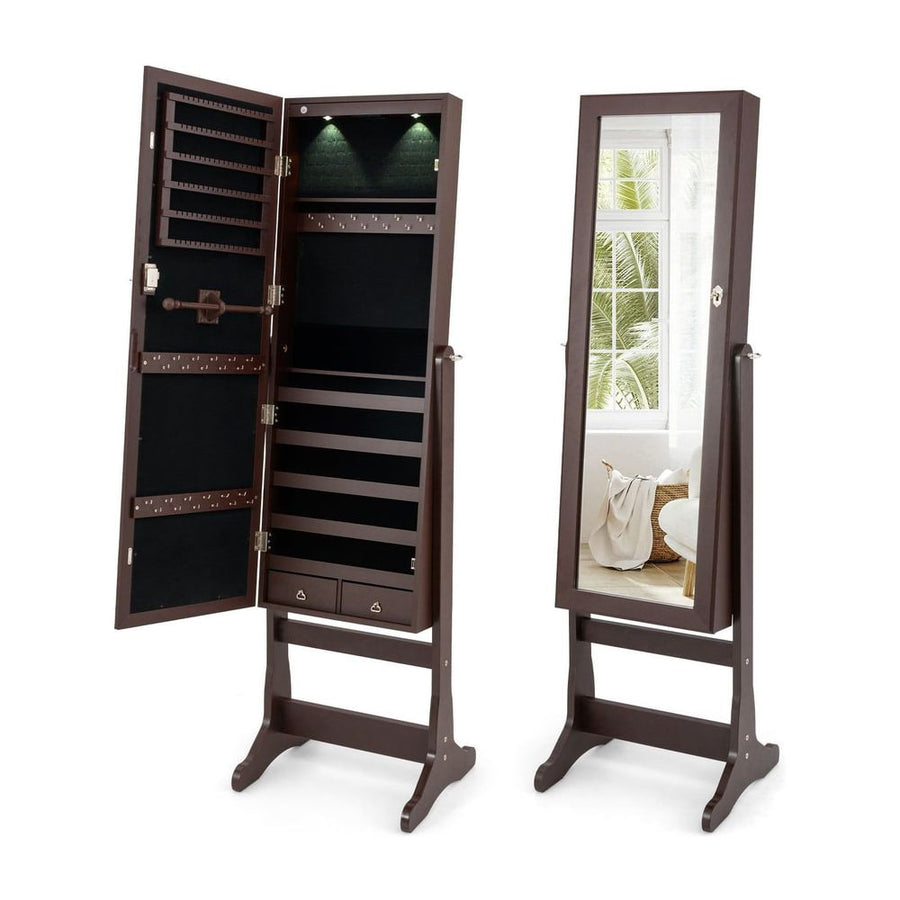 Freestanding Jewelry Armoire Cabinet with Inner LED Lights and 4 Adjustable Tilt Angles-Brown