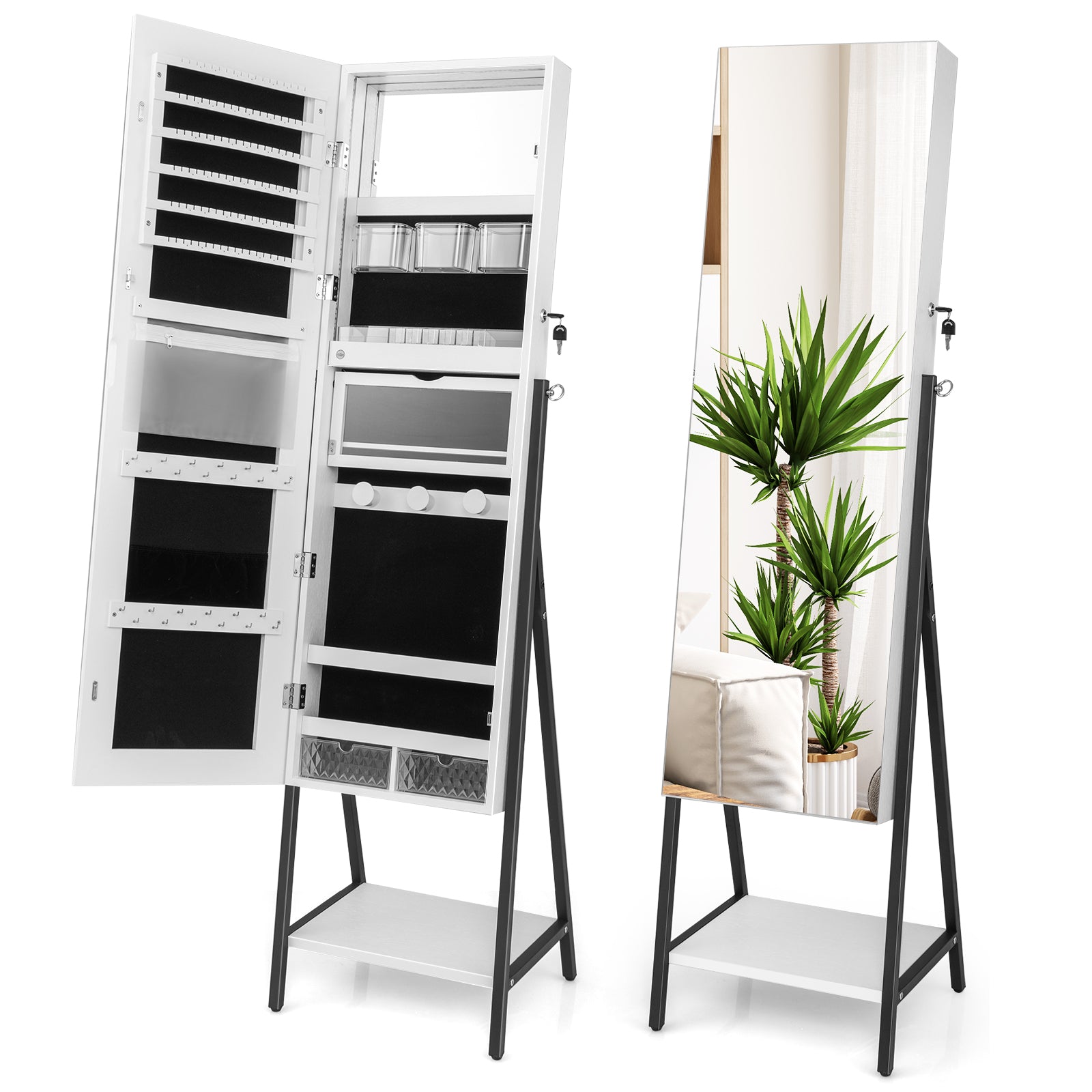Lockable Floor Jewelry Armoire Organizer with Full-Length Mirror-White