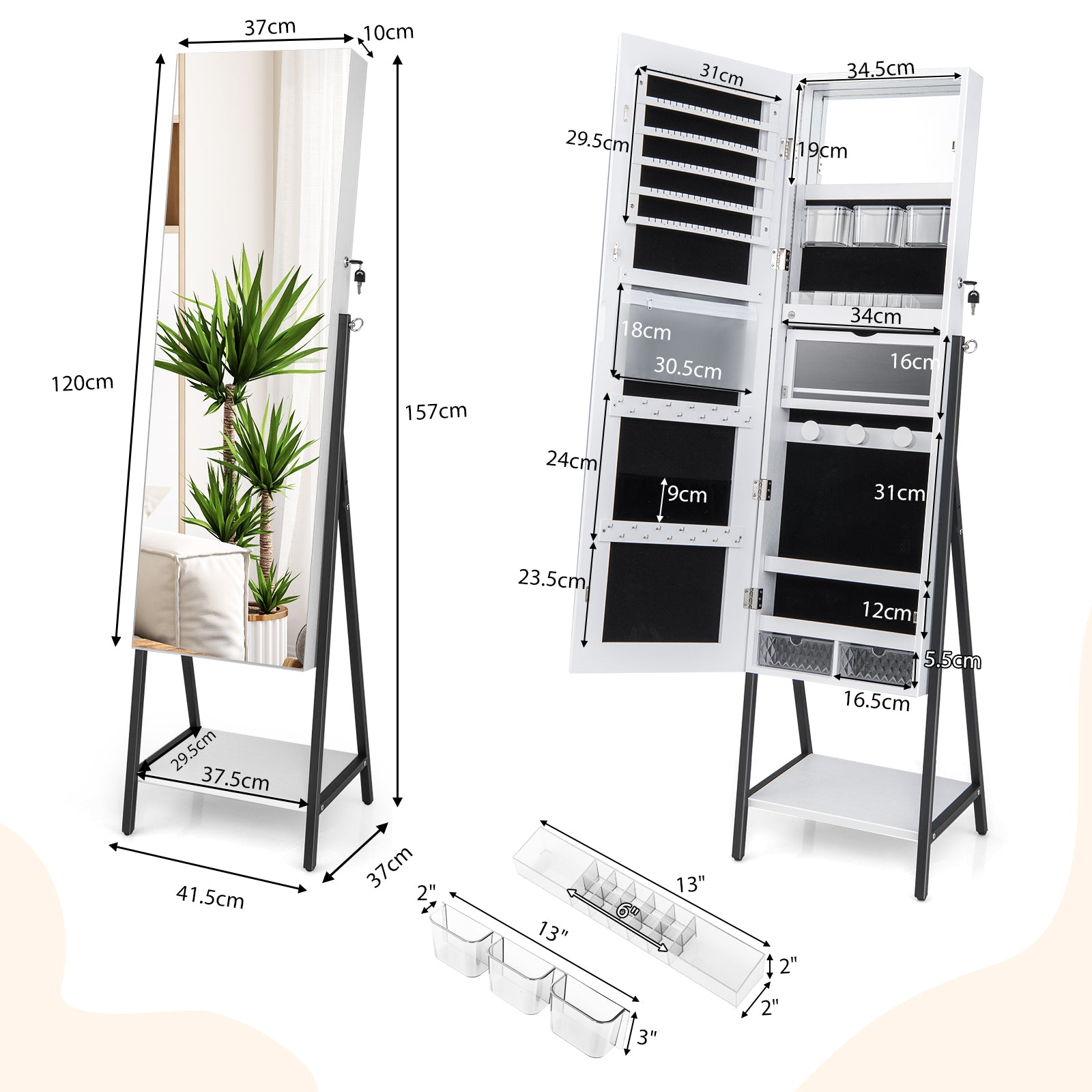Lockable Floor Jewelry Armoire Organizer with Full-Length Mirror-White