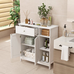 White floor cabinet cupboard storage organizer in a bathroom with towels and toiletries