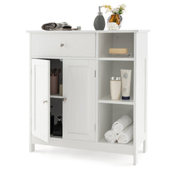 White floor cabinet cupboard storage organizer with one door open showing shelves and a drawer