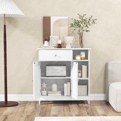 White floor cabinet cupboard storage organizer in a living room with a radio and books