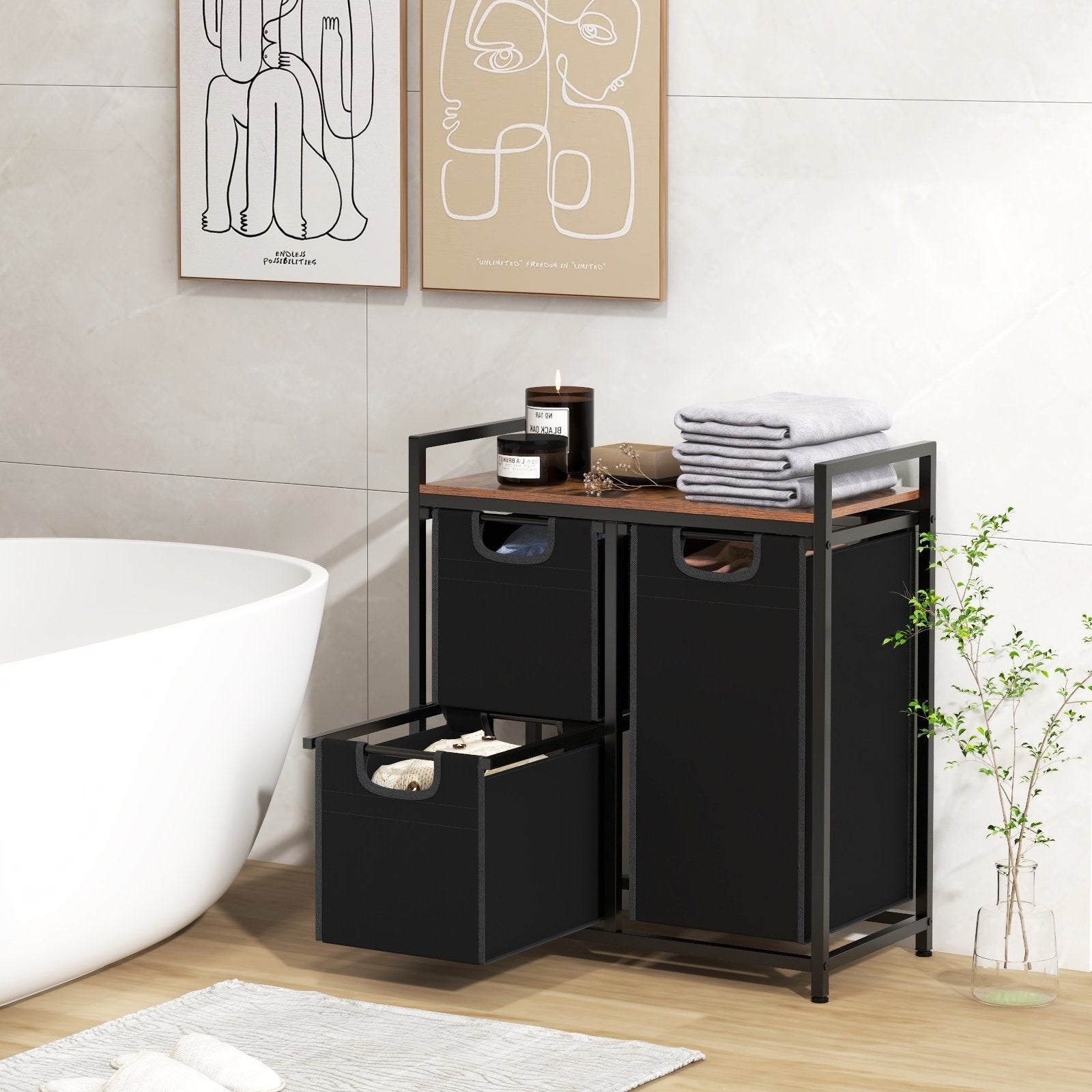 Freestanding Laundry Hamper Laundry Basket with 3 Pull-Out Bags-Black & Brown