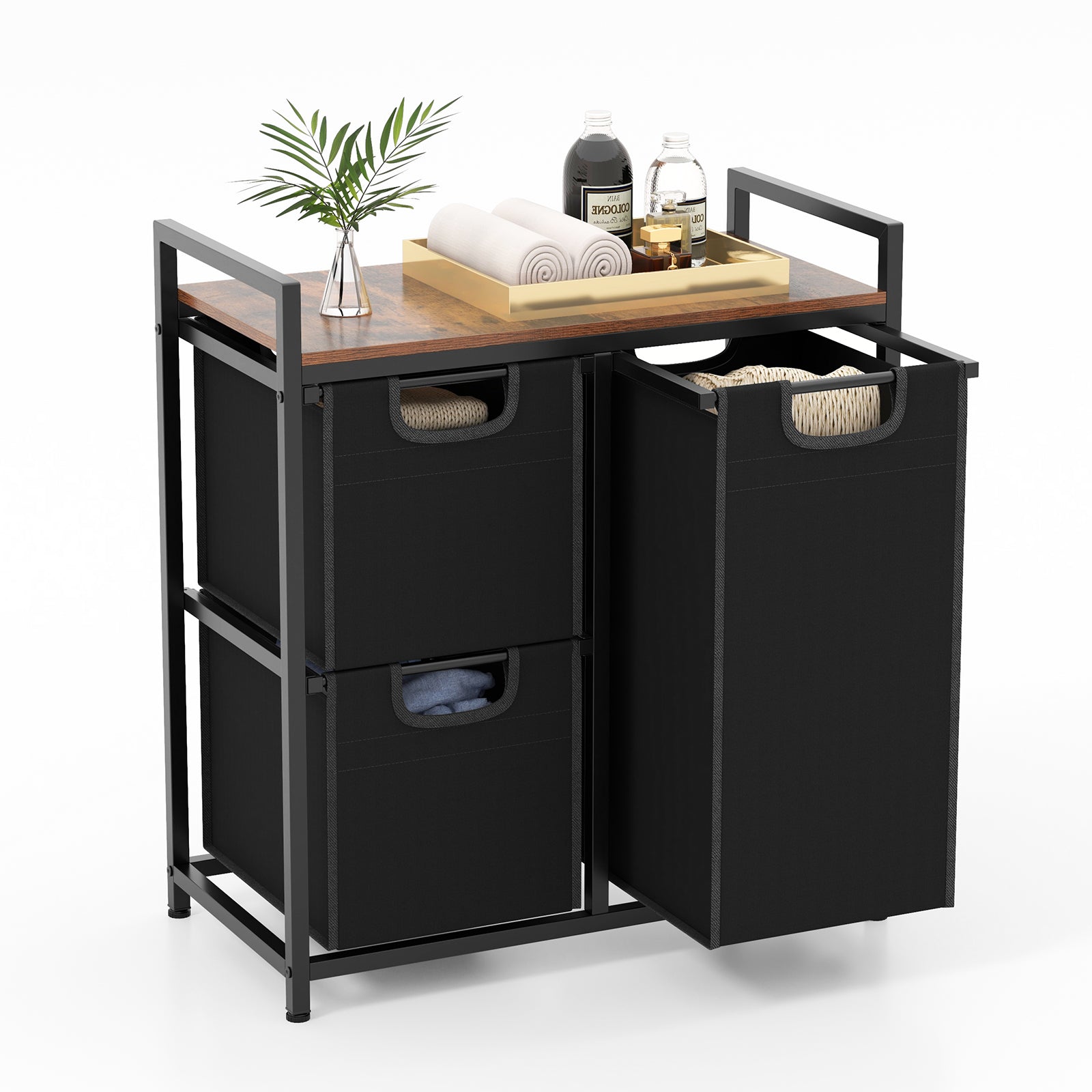 Freestanding Laundry Hamper Laundry Basket with 3 Pull-Out Bags-Black & Brown