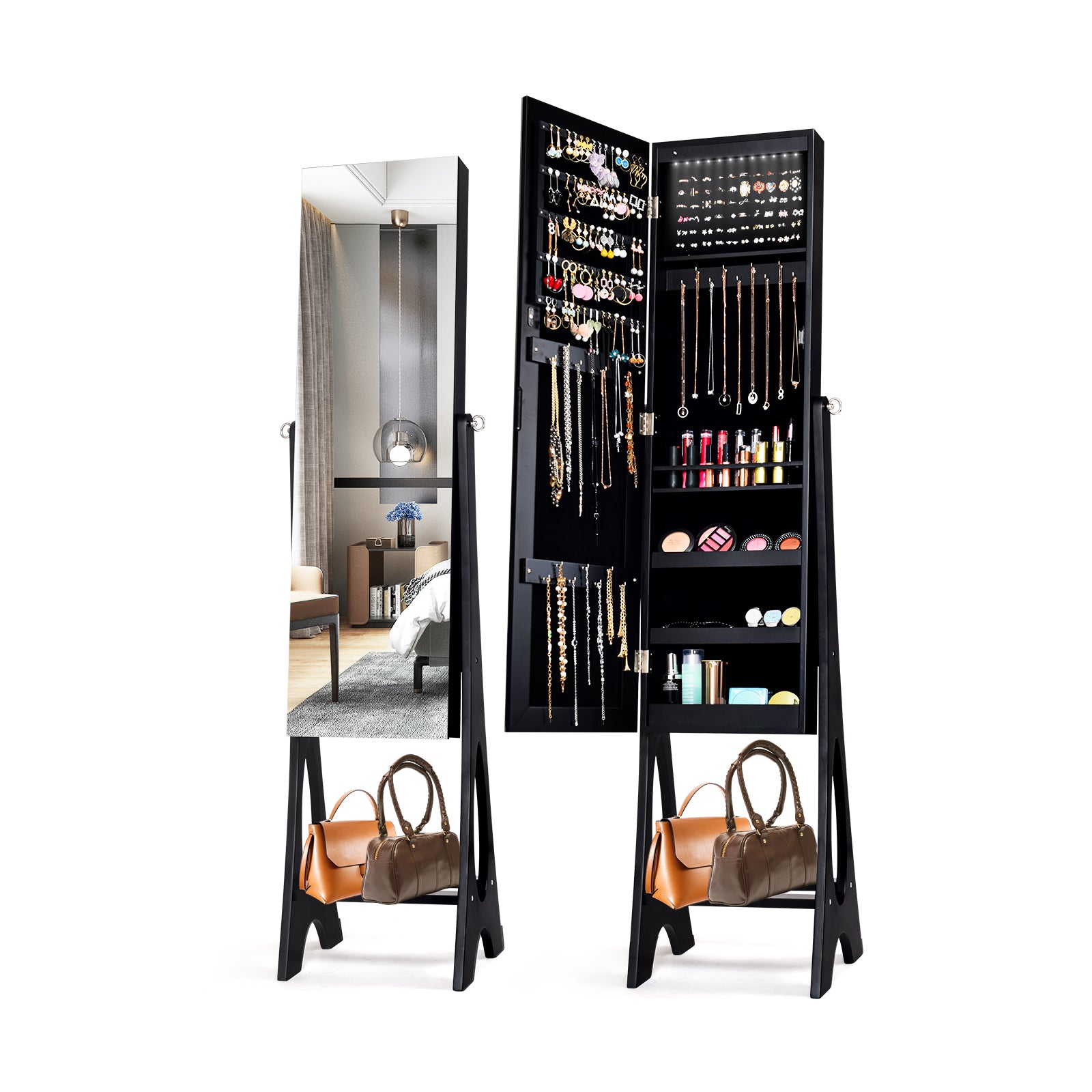 Freestanding Mirror Jewelry Cabinet with Full Length Frameless Mirror-Black