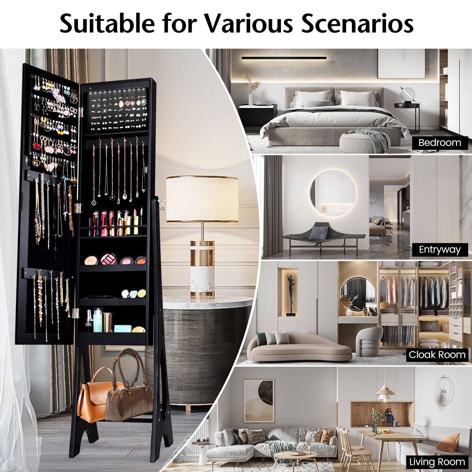 Freestanding Mirror Jewelry Cabinet with Full Length Frameless Mirror-Black