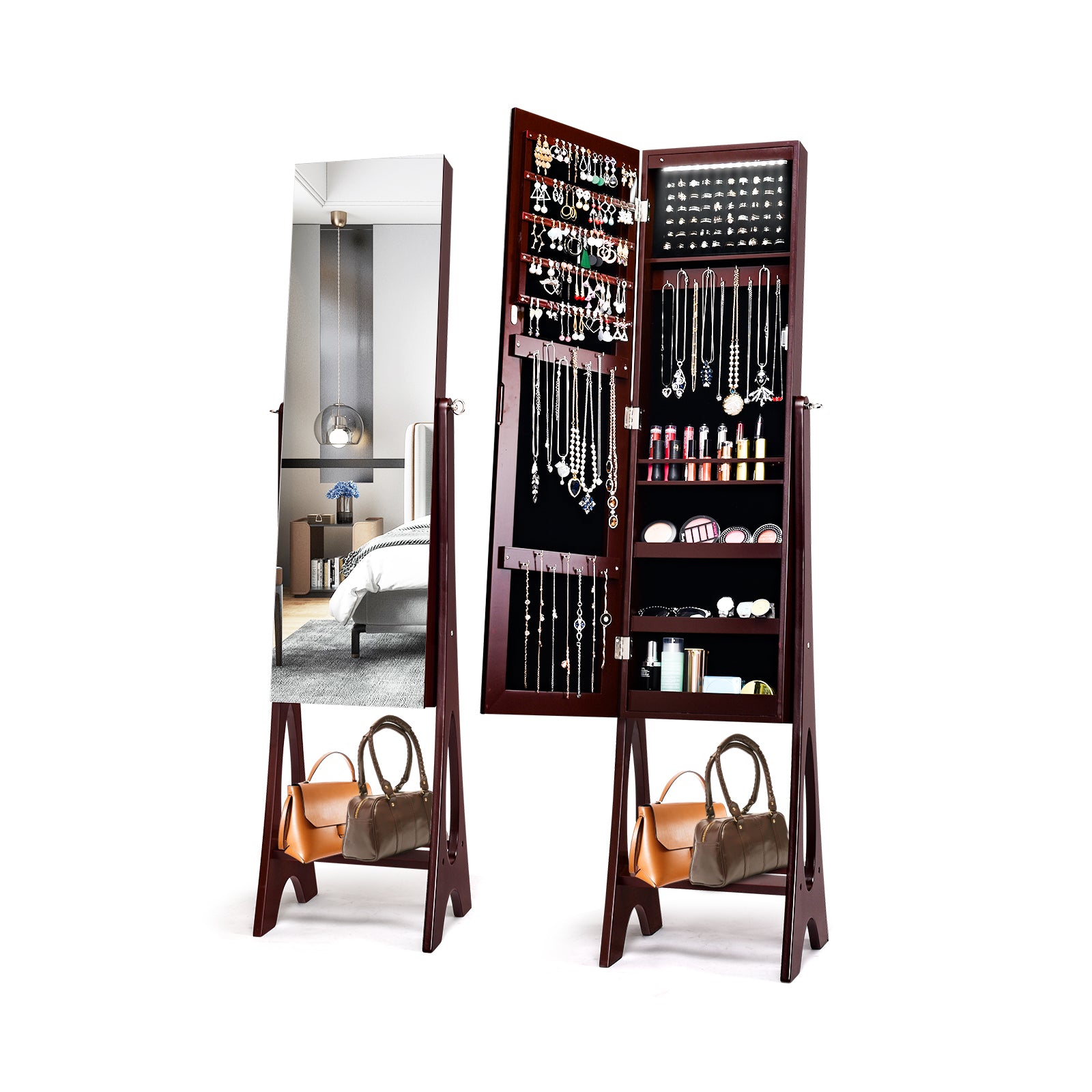 Freestanding Mirror Jewelry Cabinet with Full Length Frameless Mirror-Coffee
