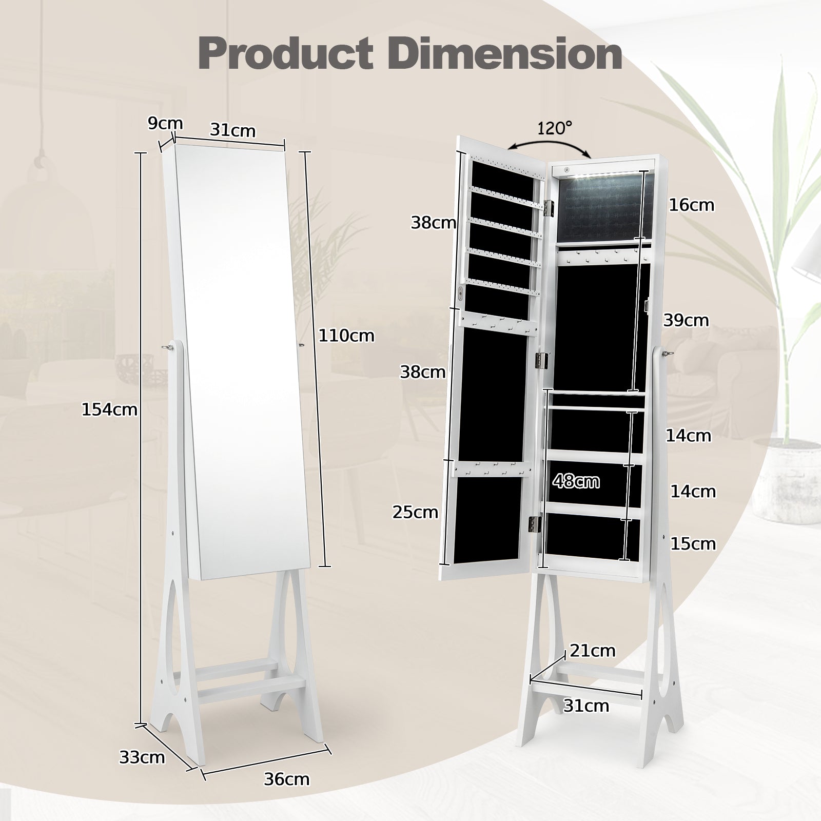Freestanding Mirror Jewelry Cabinet with Full Length Frameless Mirror-White