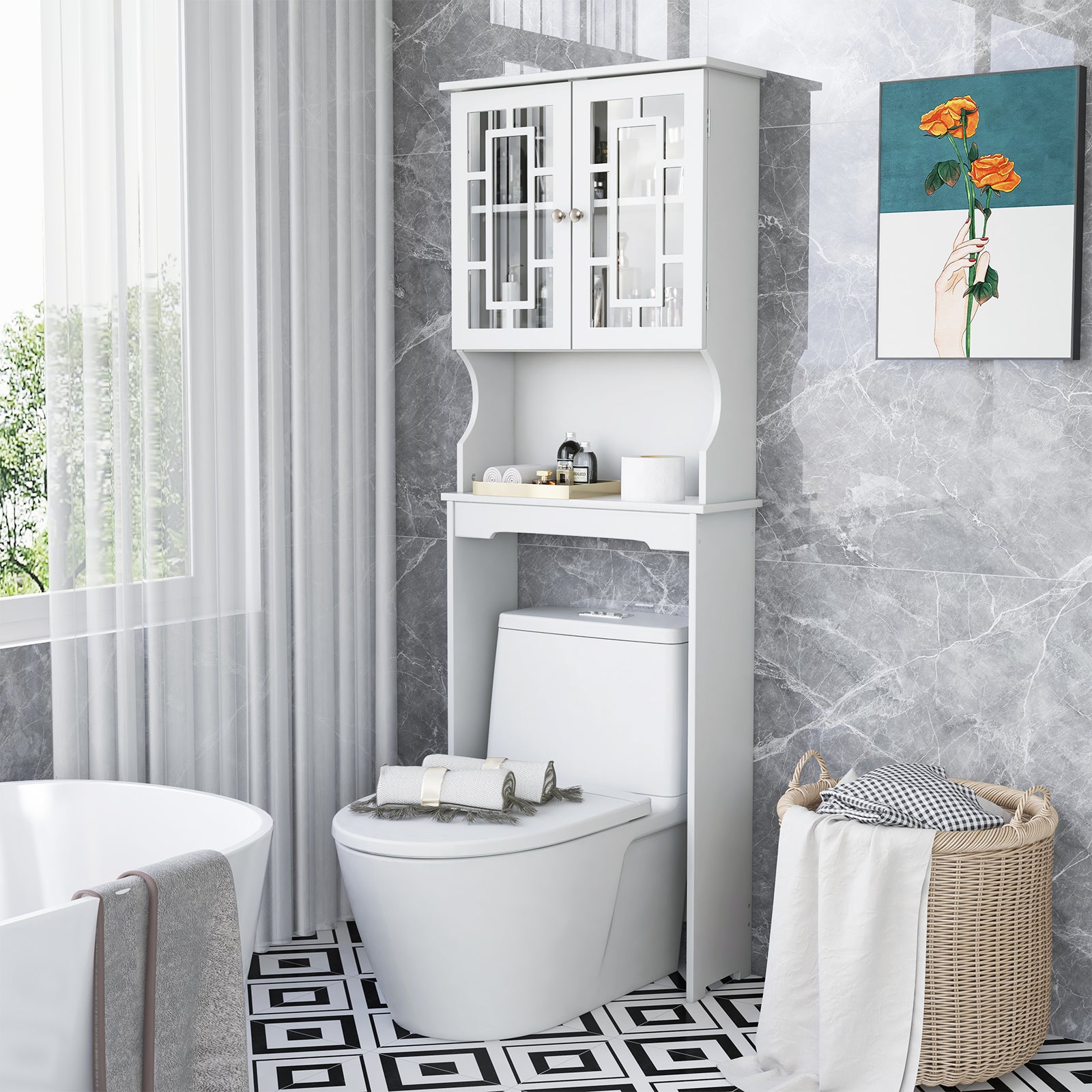 Over-the-Toilet Storage Cabinet with Inner Adjustable Shelf-White