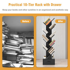 Before and after comparison of a messy pile of books versus the organised tree bookshelf
