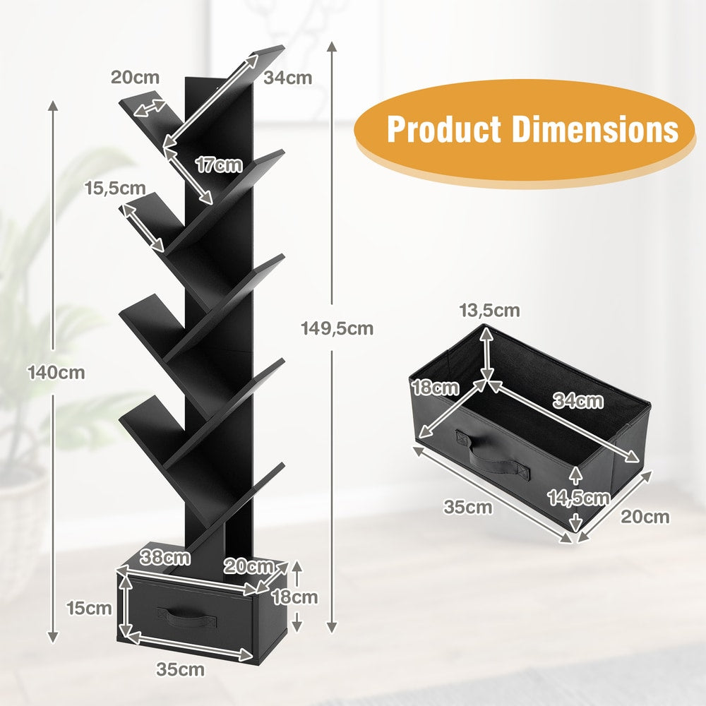 Diagram showing the dimensions of the black tree bookshelf and its drawer