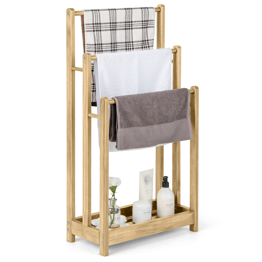 Freestanding Wood Towel Rack with 3 Individual Bars and Bottom Storage Shelf-Natural