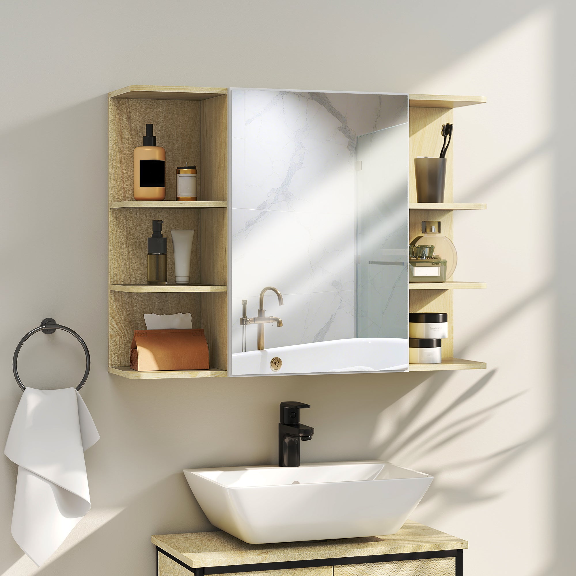 HOMCOM Bathroom Mirror Cabinet with Open Storage Shelves - Natural Wood Finish