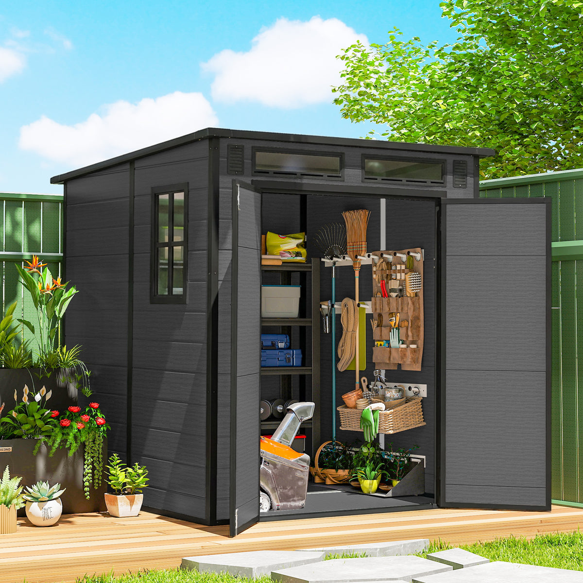 Outsunny 6 x 6 ft Plastic Garden Shed, Wood-Effect Outdoor Storage Shed with Floor, Windows, Lockable Doors and Vents, Dark Grey