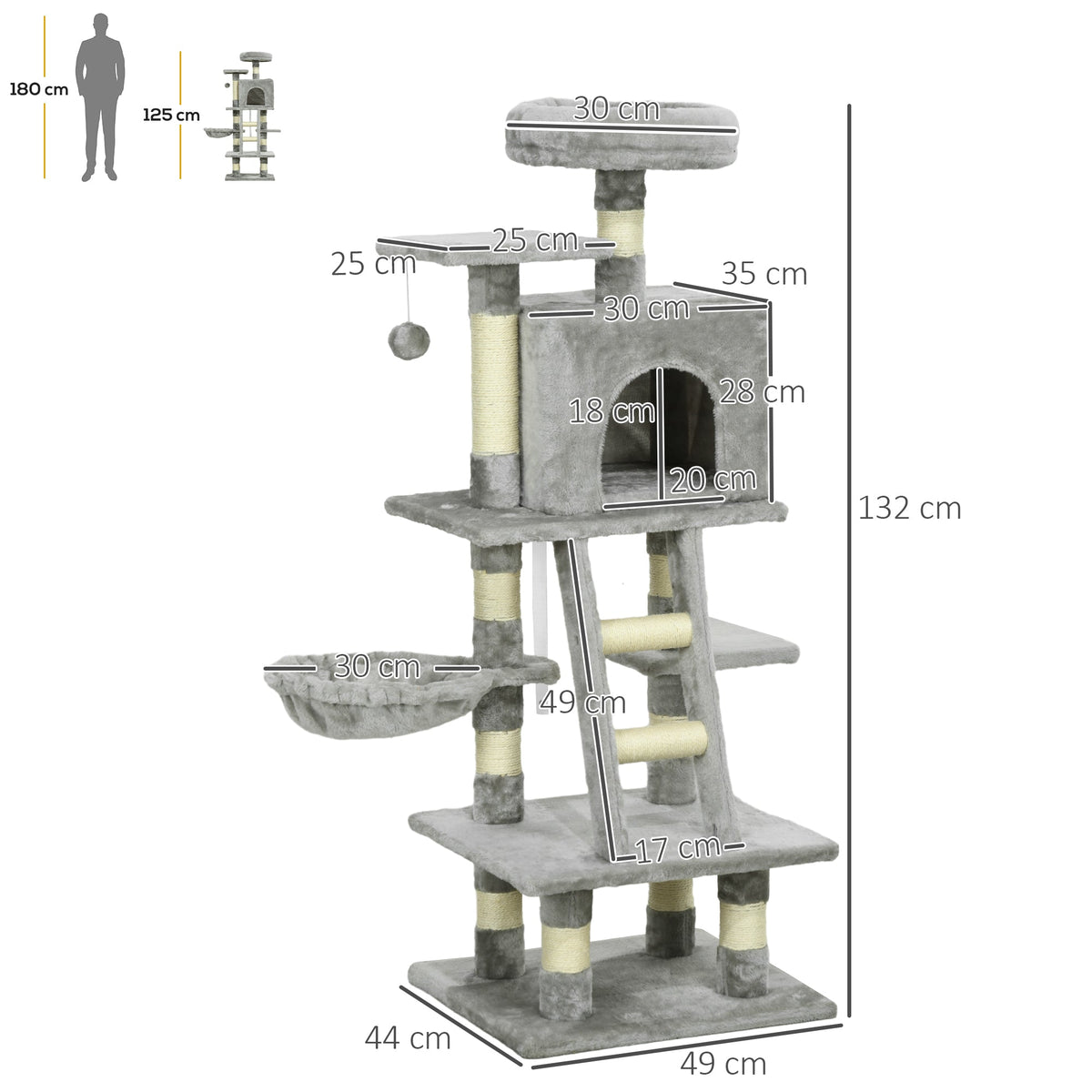 PawHut 132cm Cat Tree with Scratching Post, House, Hammock, Toy Balls - Grey
