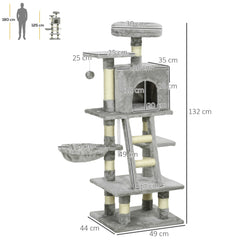 PawHut 132cm Cat Tree with Scratching Post, House, Hammock, Toy Balls - Grey