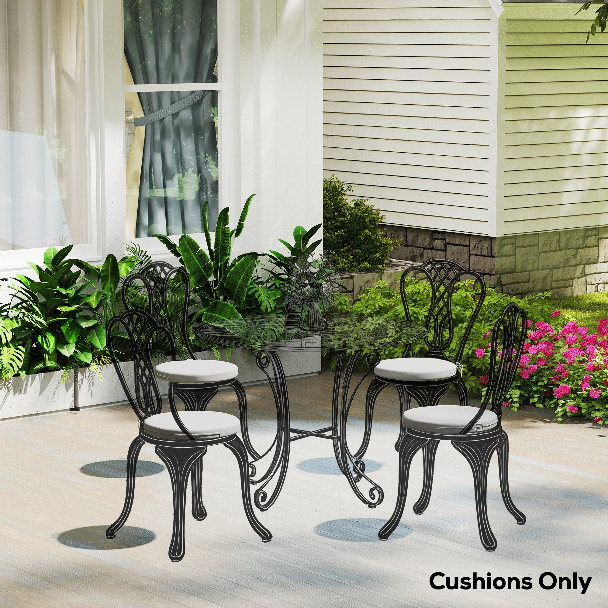 Outsunny Outdoor Bistro Chair Cushions Set of 4 with Removable Cover, 41 x 41 x 5 cm Round Seat Cushions with Ties, Light Grey