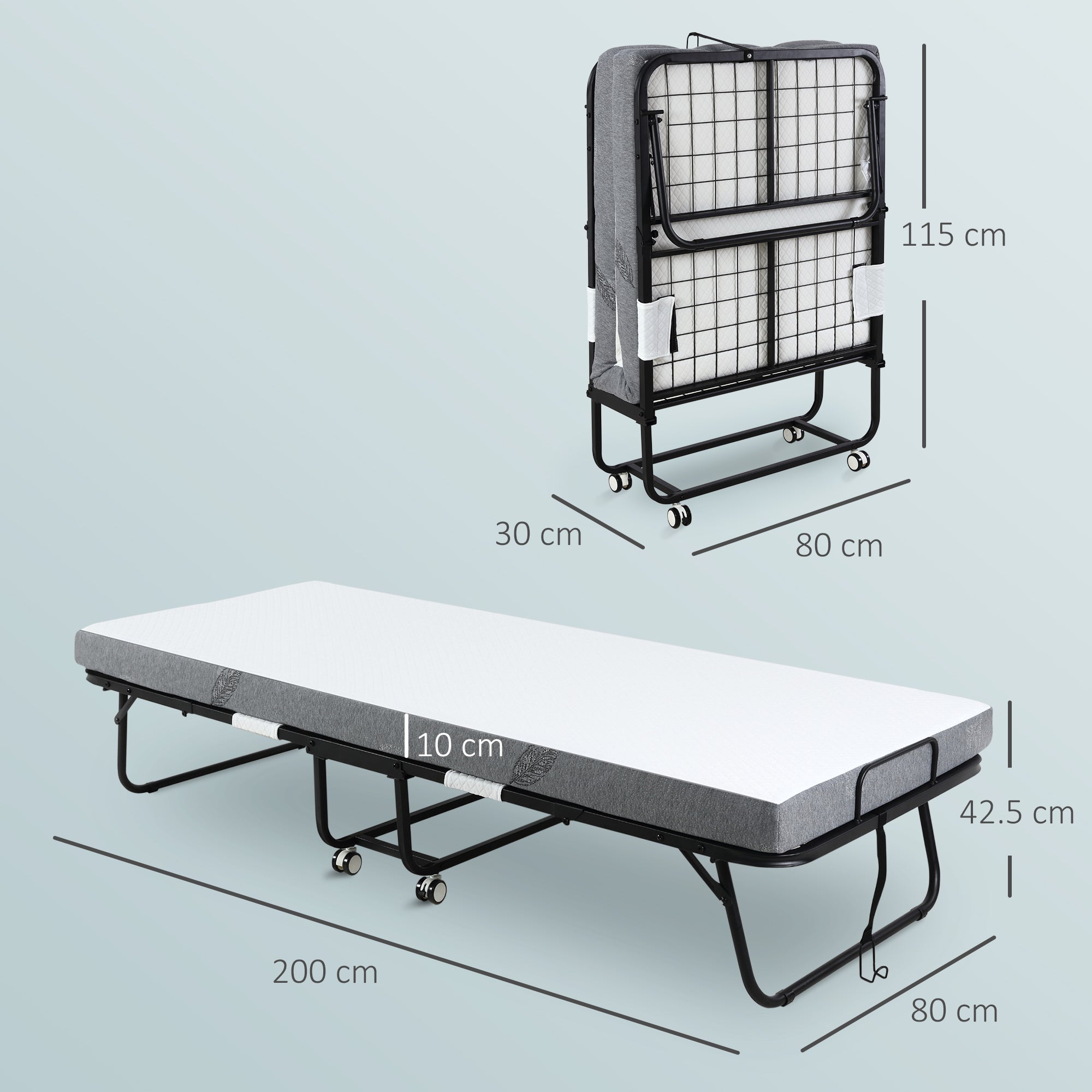 HOMCOM Folding Bed with 10cm Mattress, Portable Foldable Guest Bed with Sturdy Metal Frame on Wheels