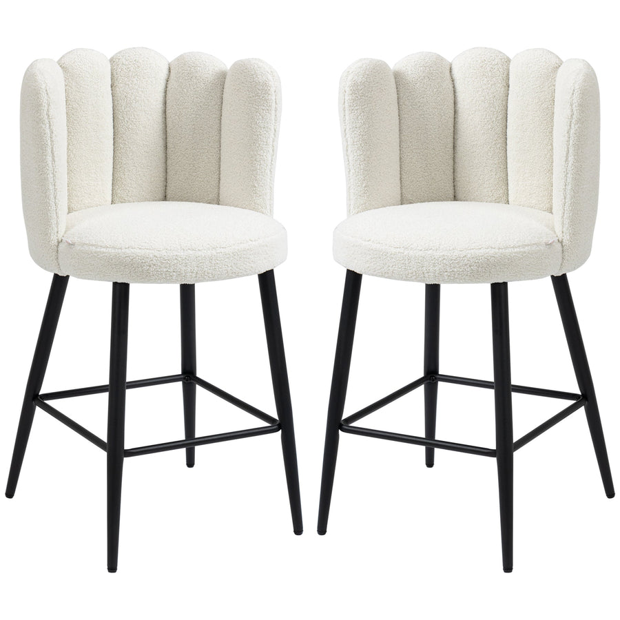 HOMCOM Bar Stools Set of 2, Faux Cashmere Upholstered Breakfast Bar Chairs, Modern Kitchen Stools with Backs, Footrest and Steel Base, Cream