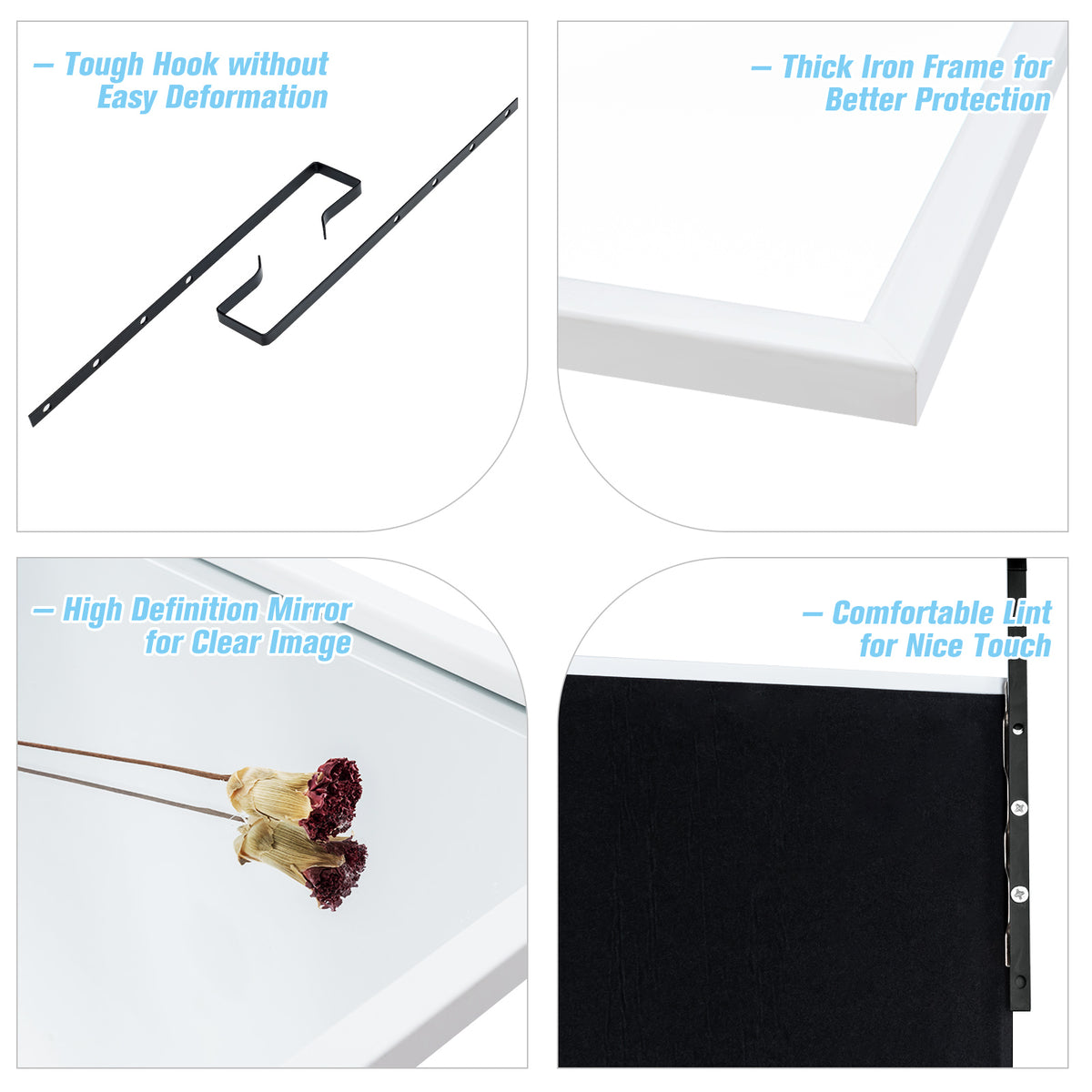 Full Length Wall-Mounted Mirror with Height Adjusting Hooks-White