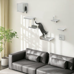 PawHut 6-Piece Cat Wall Shelves Set with Condo, Cat Wall Furniture with Platforms, Sisal Scratching Post, Bed, Toy Ball, Grey