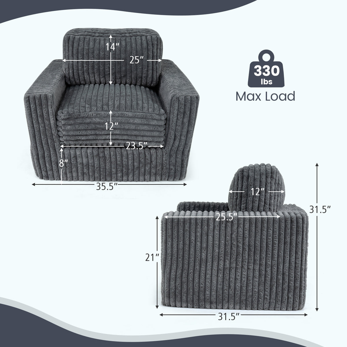 Furry Boneless Couch for Small Spaces with Removable Cover and Pillow-Grey