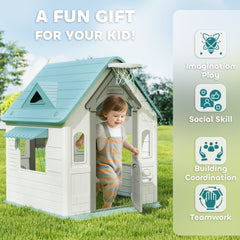AIYAPLAY 5-in-1 Playhouse for Kids Outdoor Indoor with Basketball Hoop, Football Goal, Dartboard, Ring Toss for 2-5 Years, Beige