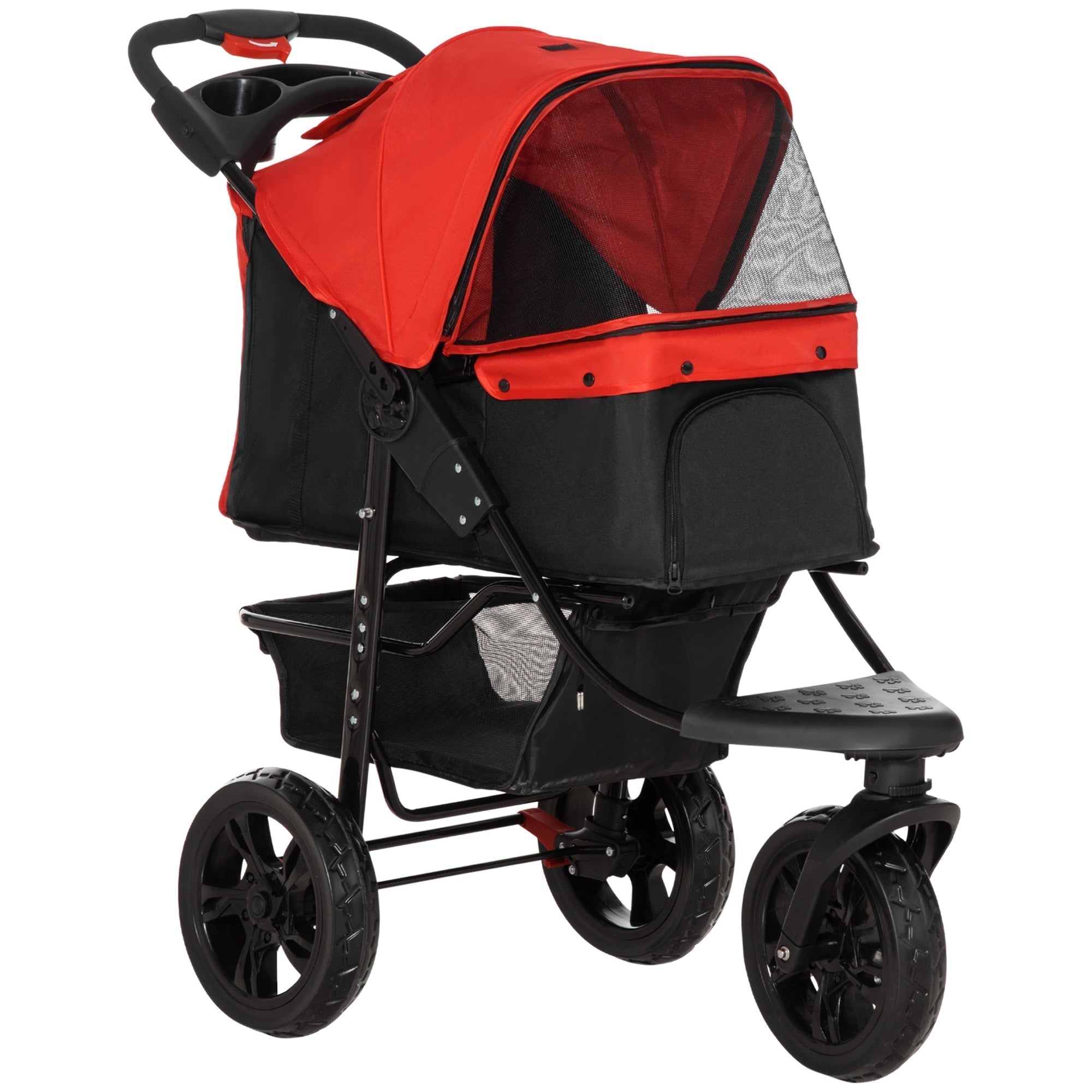 PawHut Dog Stroller Foldable Pet Pram, 3 Wheels Dog Pushchair with Brake, for Small Miniature Breeds, Cats, Red