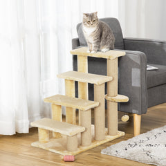 PawHut 4-step Pet Stairs with Scratching Posts, Platforms, Toy Ball, Beige